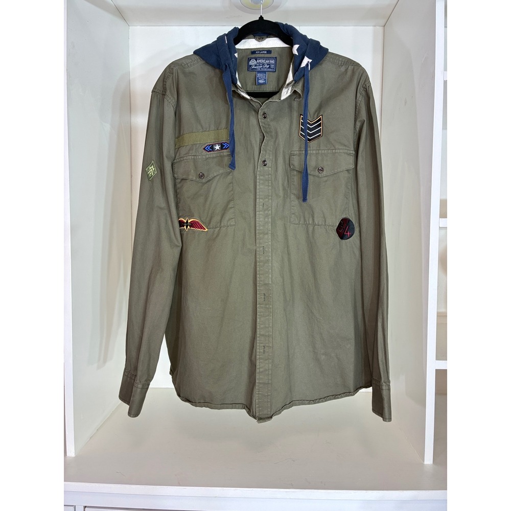 American Rag Button Down Shirt Mens XXL Green Hooded Military Patch Long Sleeve